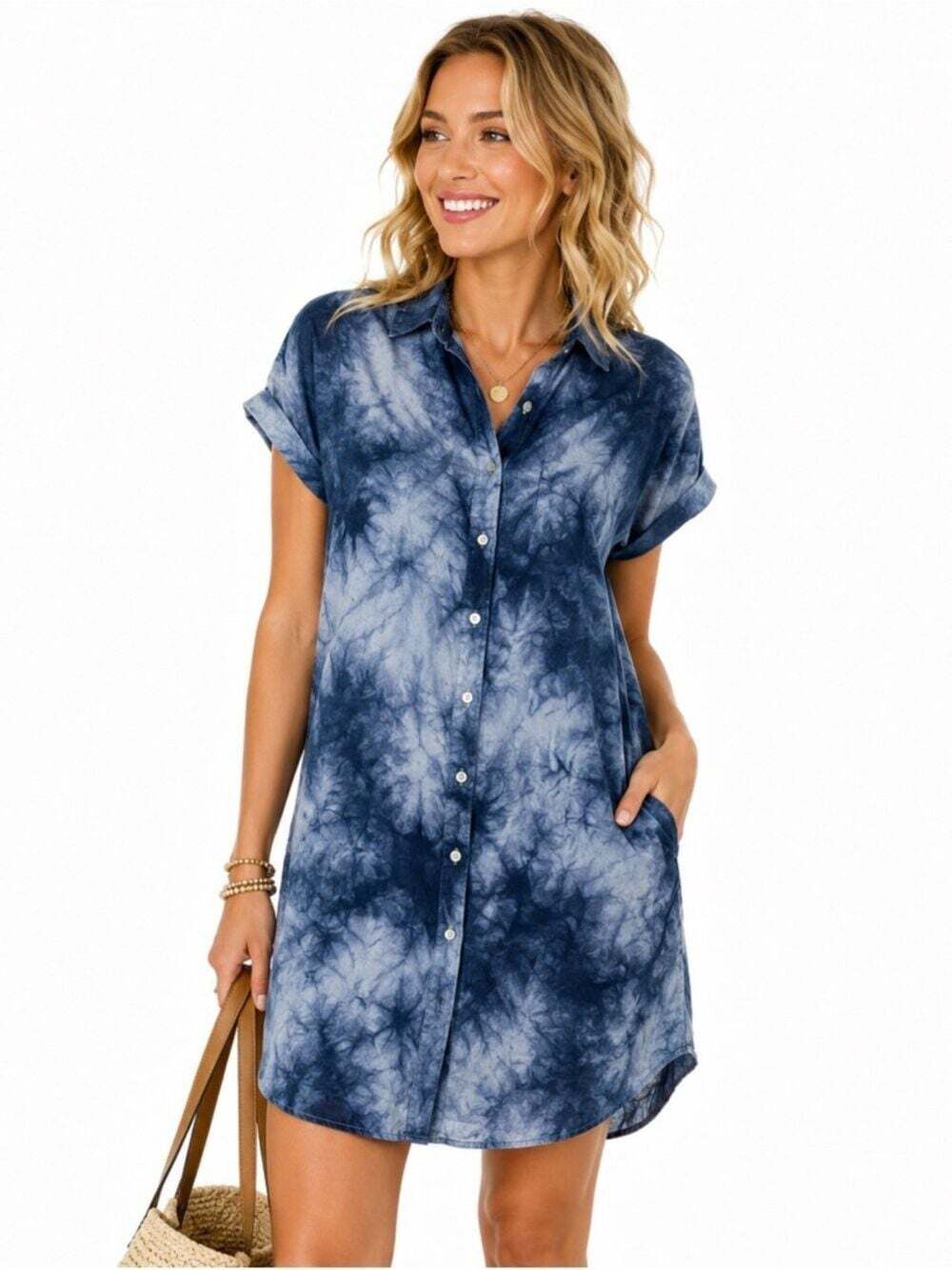 Cynthia Rowley 100% Blue Tie Die Short Button Front T Shirt Dress Size XS